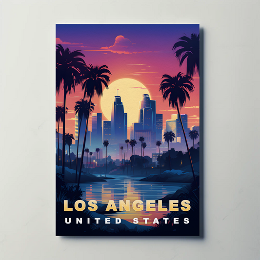 Los Angeles Palm Sunset Cityscape Vintage Travel Poster
