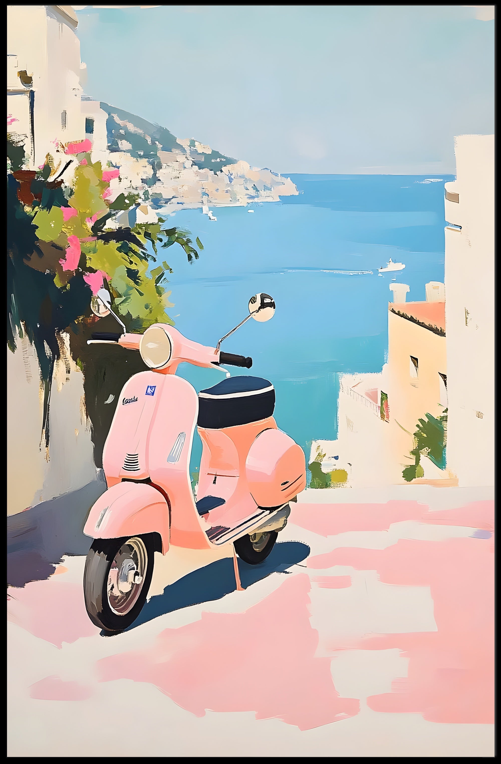 Vespa Coastal Poster Vintage Pastel Travel Wall Art