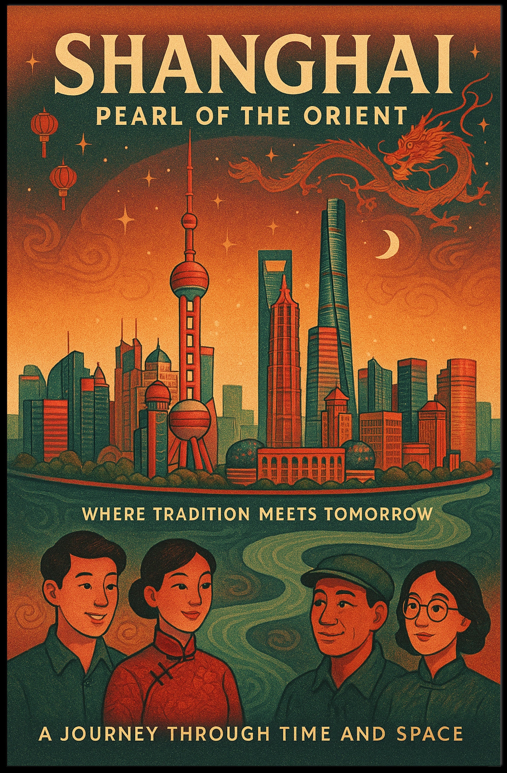 Shanghai Skyline Vintage Travel Poster