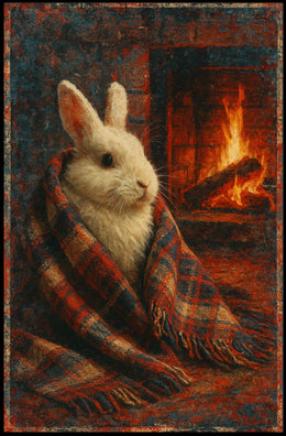 Cozy Rabbit by the Fireplace Poster
