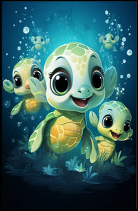 Adorable Sea Turtles Underwater Cartoon Poster Print