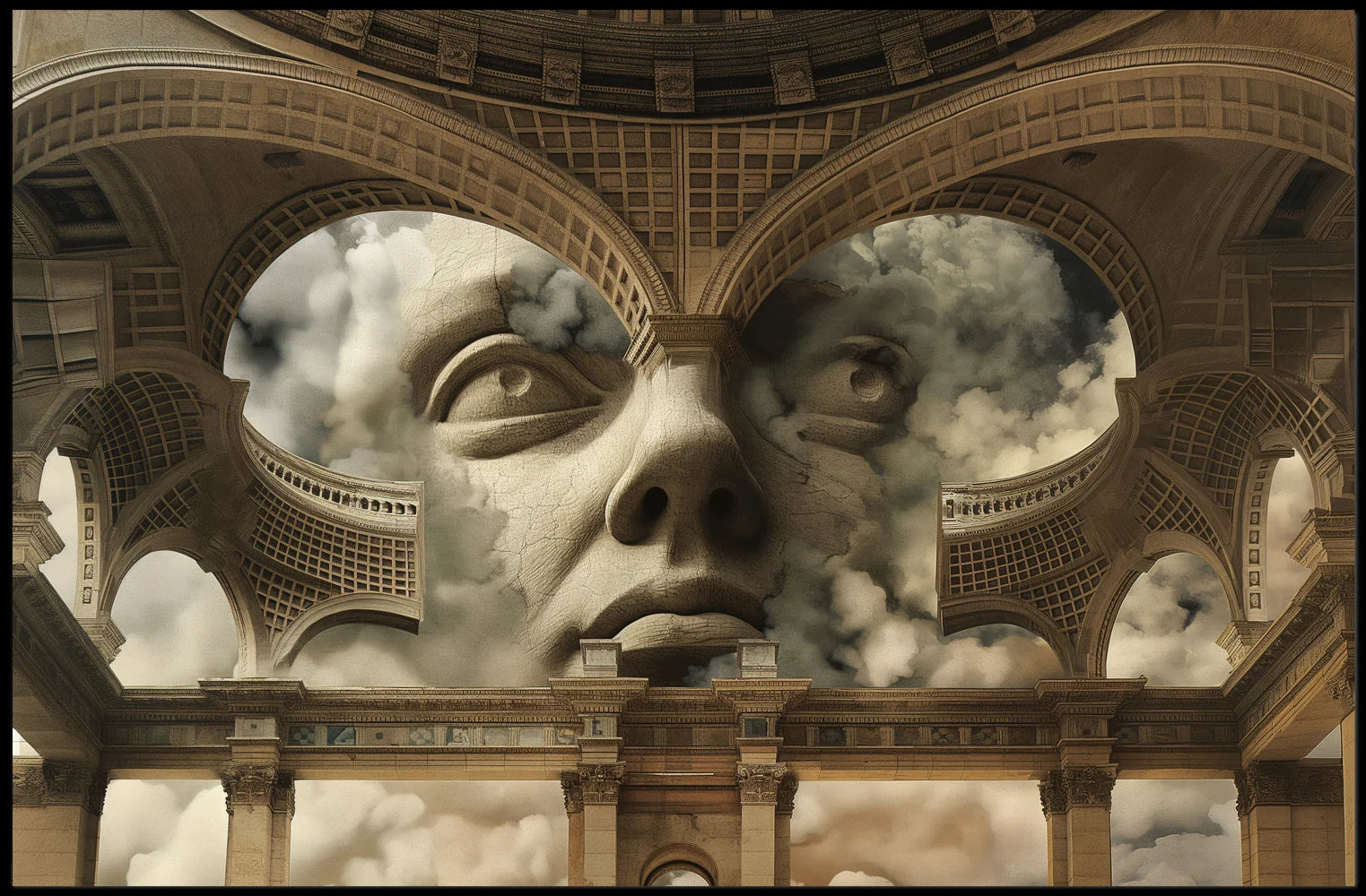 Surreal Stone Face in Classical Architecture Poster