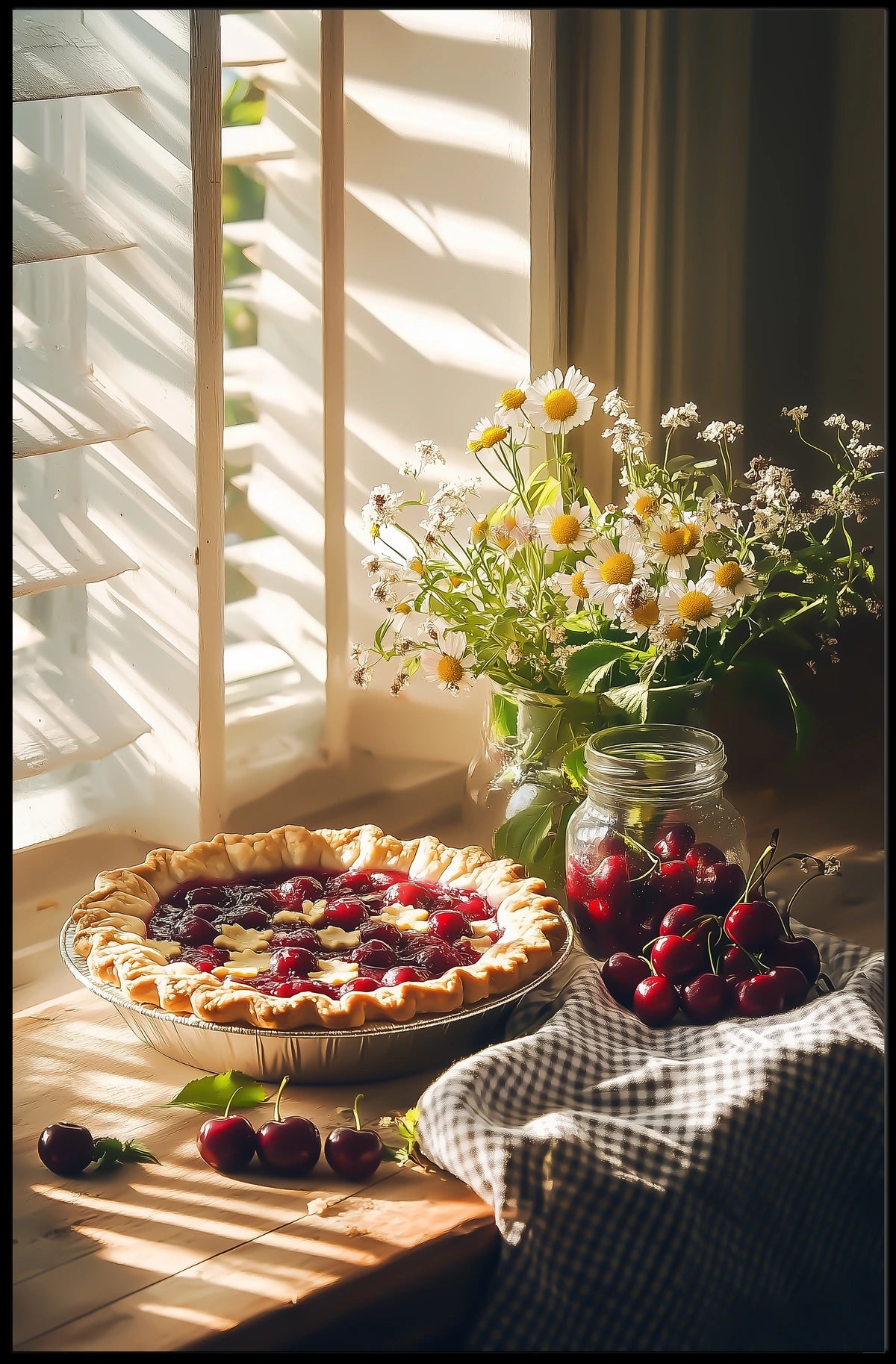 rustic kitchen counter with cherry pie Poster