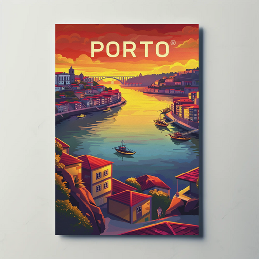 Porto Portugal Riverside Boats Sunset Cityscape View Travel Poster