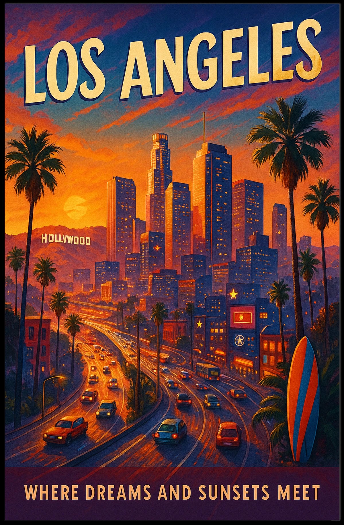 Los Angeles Dreamscape Vintage Sunset Art Poster
