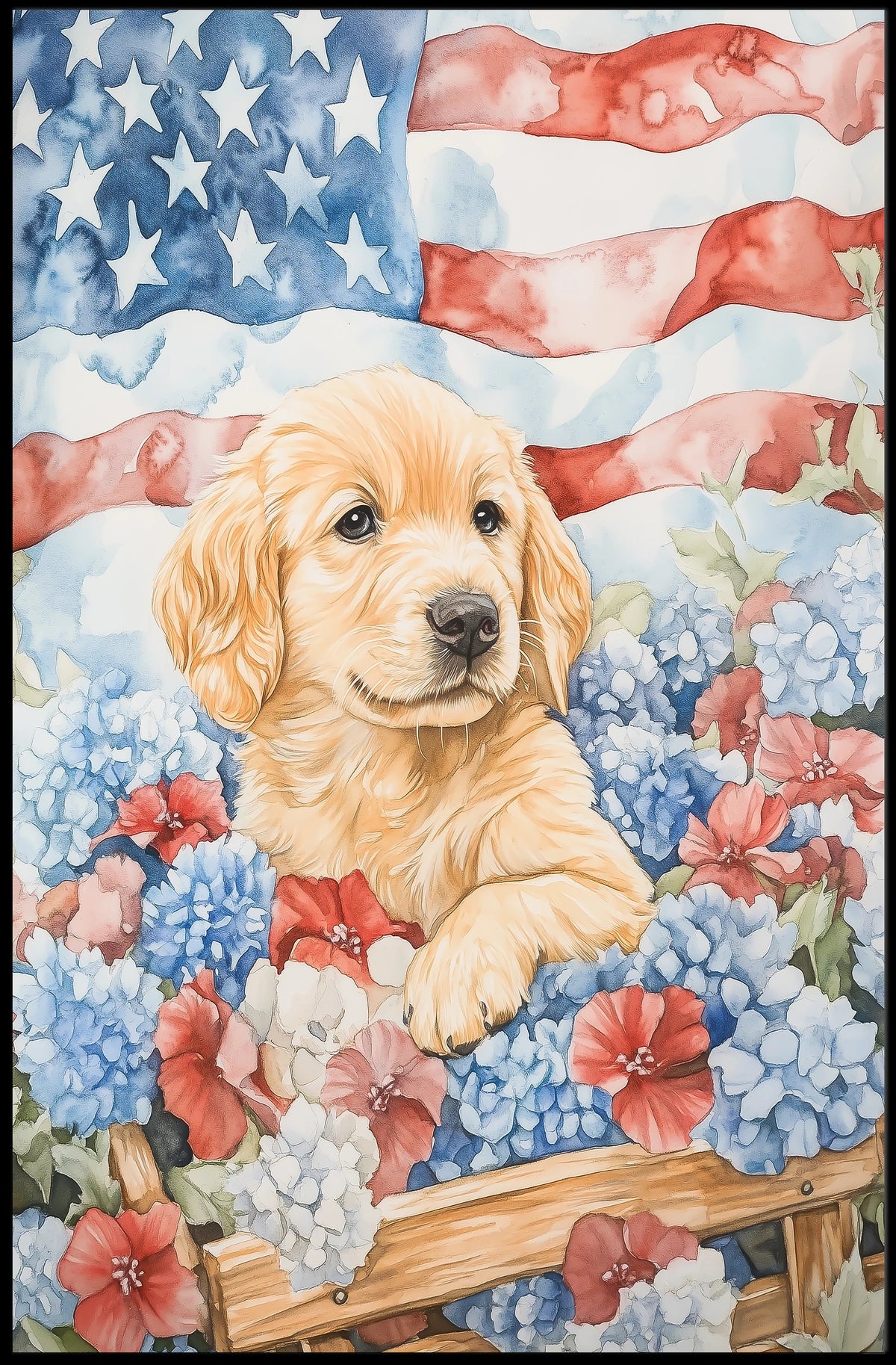 Golden Retriever Puppy In Wagon With American Flags Poster