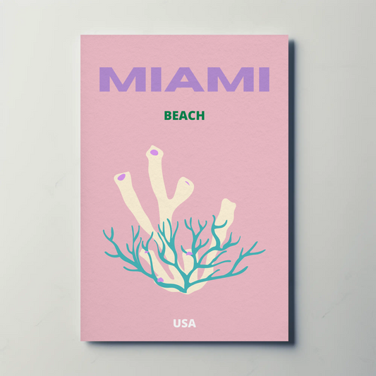 Miami Beach Coral Design Retro Travel Poster