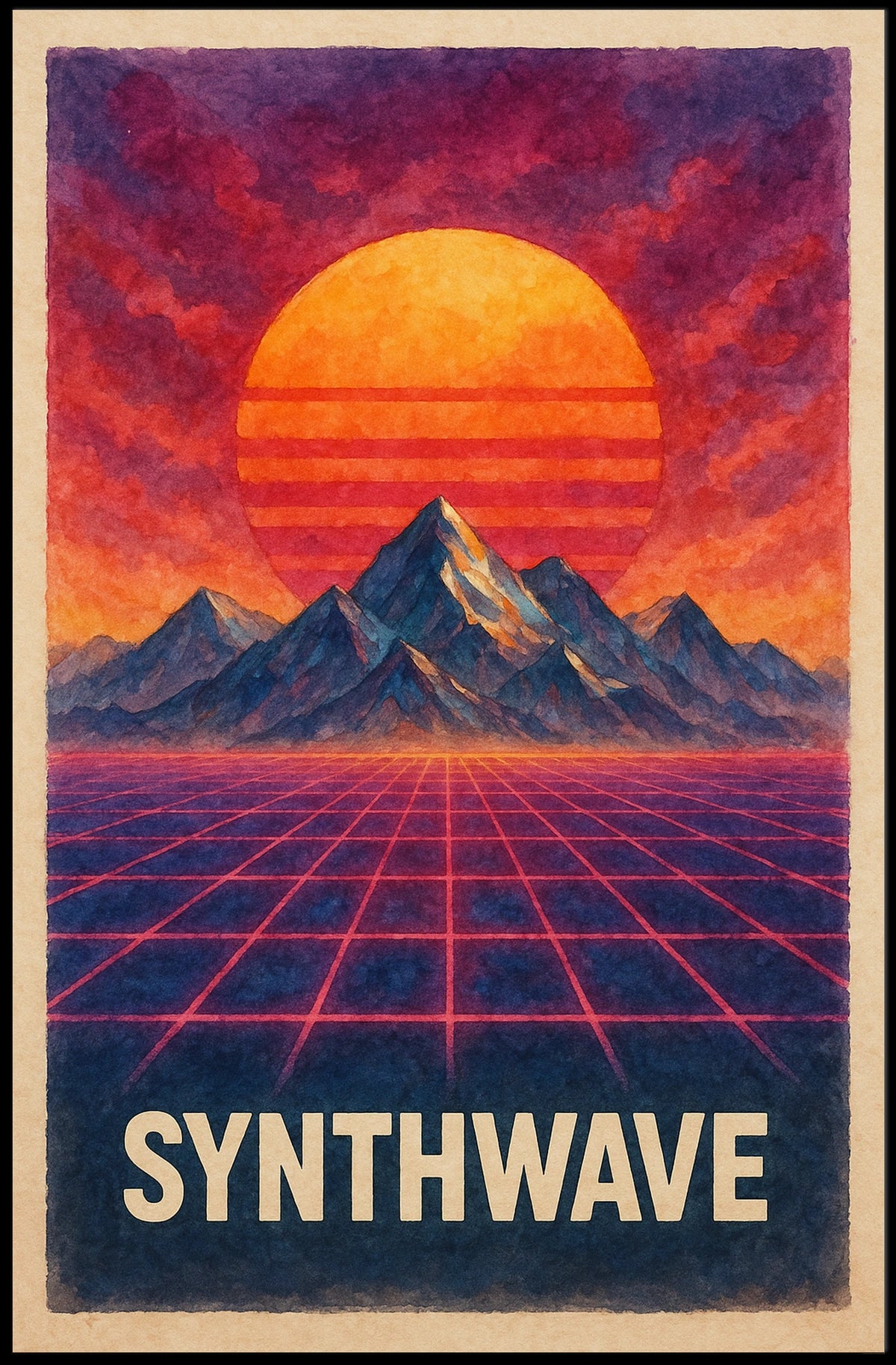 Neo-Retro Synthwave Sunset Landscape - Futuristic Sci-Fi Poster