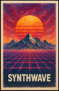 Neo-Retro Synthwave Sunset Landscape - Futuristic Sci-Fi Poster
