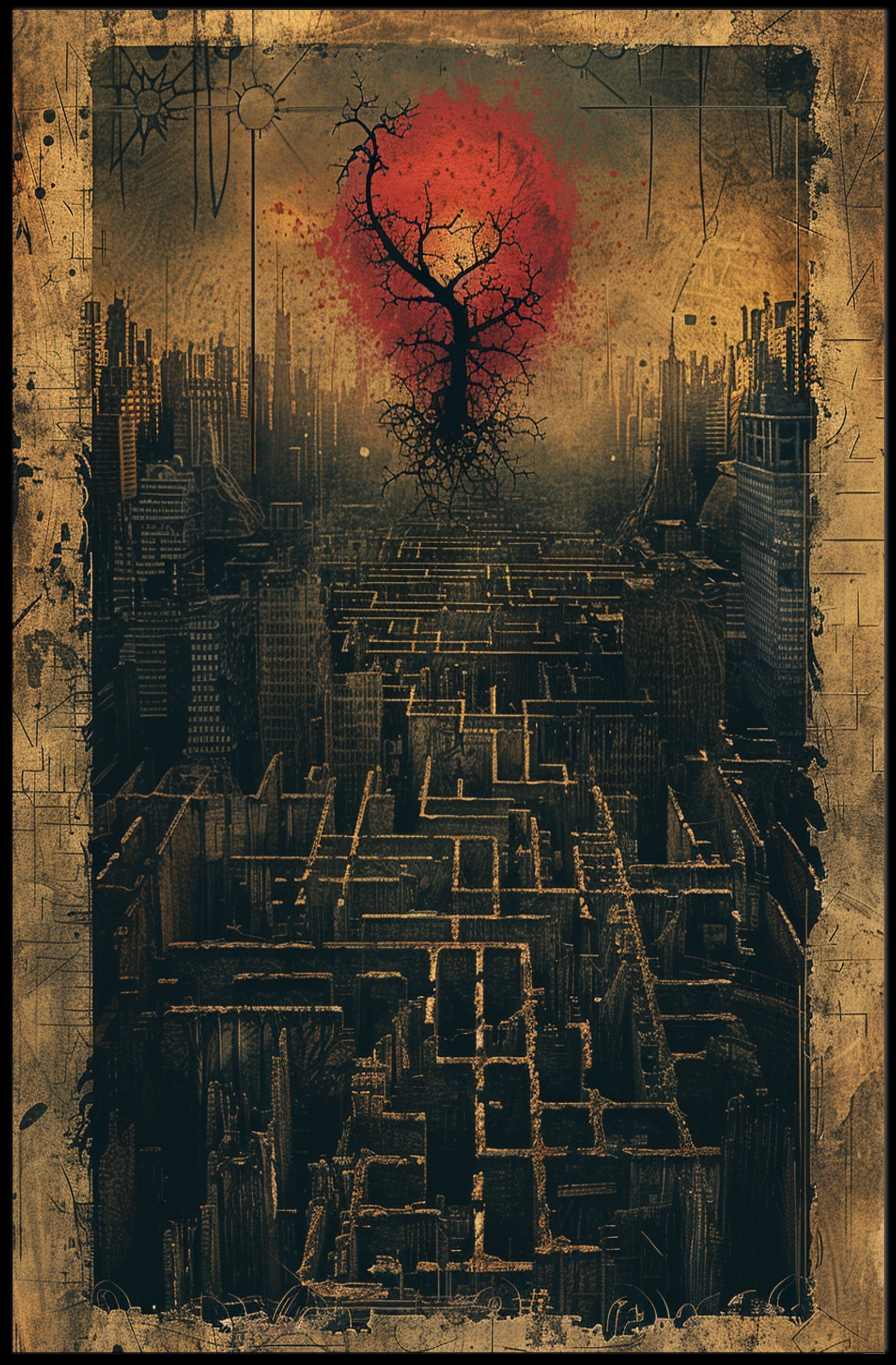 Surreal Dystopian Cityscape with Red Sun Artistic Poster PosterGoat