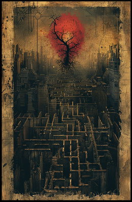 Surreal Dystopian Cityscape with Red Sun Artistic Poster PosterGoat