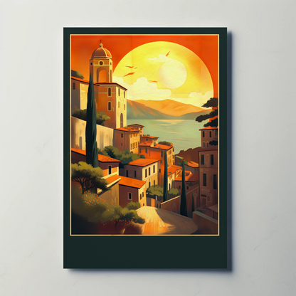 Sunset Over Mediterranean Village Coastline Travel Poster