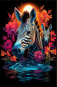 Vibrant Zebras in Dreamlike African Landscape Poster