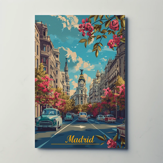 Madrid Spring Streetscape Flowers Cars Classic Travel Poster