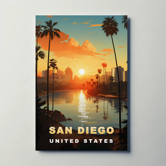 San Diego California Coastline Sunset Palms Vintage Travel Poster
