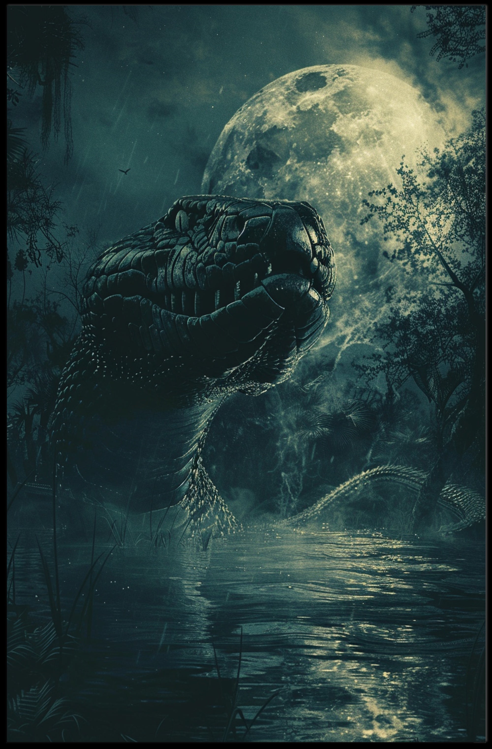 Giant Serpent in Moonlit Jungle Fantasy or Mythology Poster PosterGoat