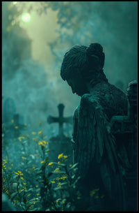 Serene Angel Statue in Misty Graveyard: Artistic Poster PosterGoat