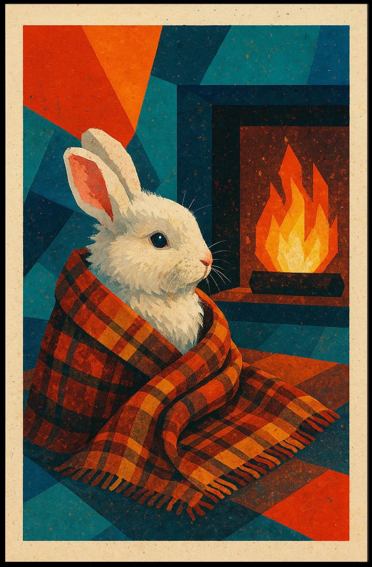 Cozy Rabbit by the Fireplace Poster