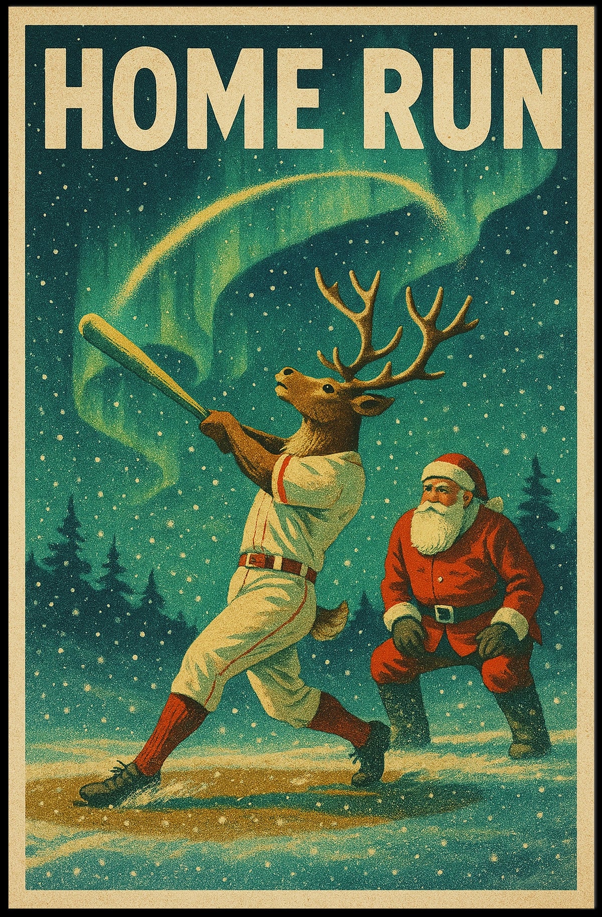 Whimsical Christmas Baseball Scene Vintage Sports Poster
