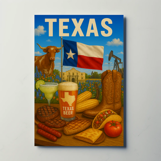 Texas Icons Food Flag Boots Beer Travel Poster