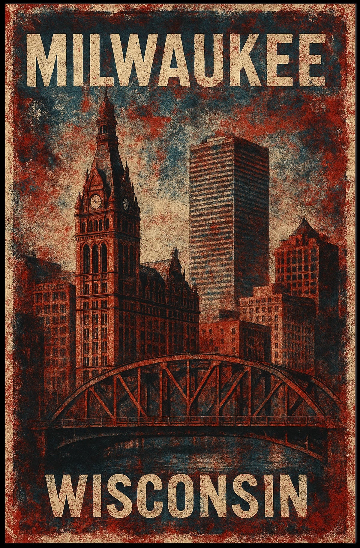 Milwaukee Wisconsin Scenic Vintage Cityscape Travel Decor Lovers Wanderlust Home Poster