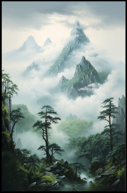 Serene East Asian Mountain Landscape Artwork Poster