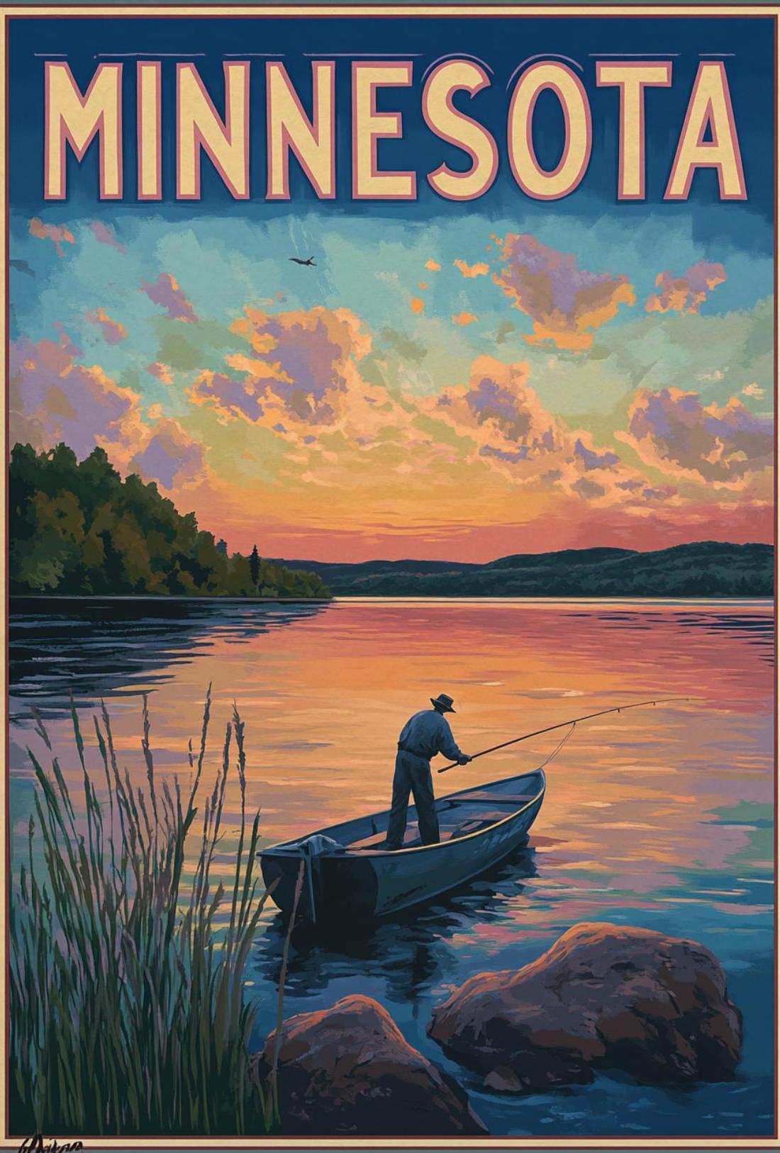 Minnesota Sunset Fishing Vintage Poster