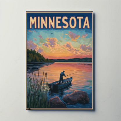 Minnesota Sunset Fishing Vintage Poster
