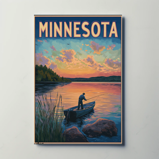 Minnesota Sunset Fishing Vintage Poster