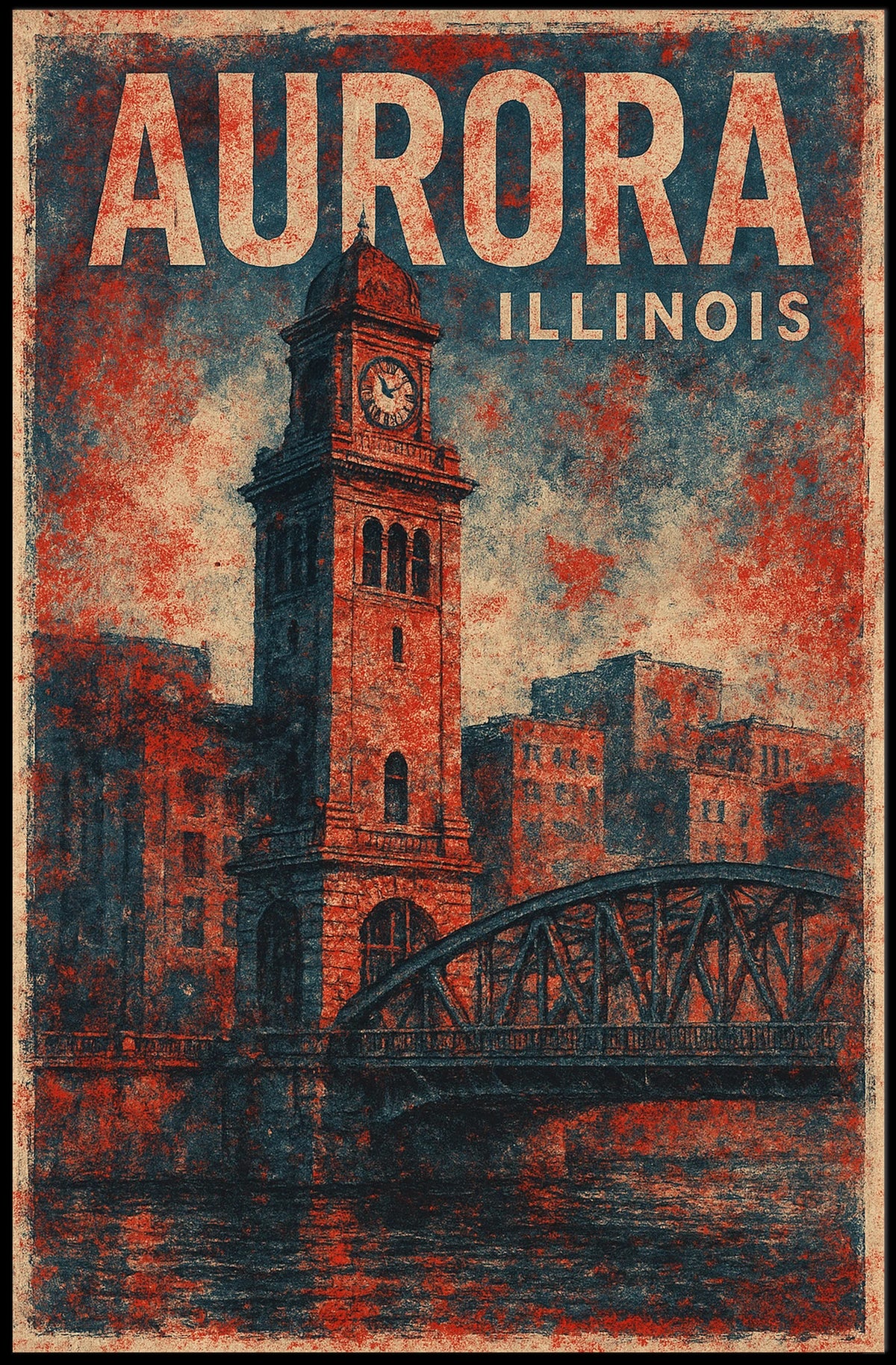 Aurora Illinois Cityscape Vintage Art Deco Skyline Heritage Wall Art Timeless Midwest Travelers Urban Vistas Poster