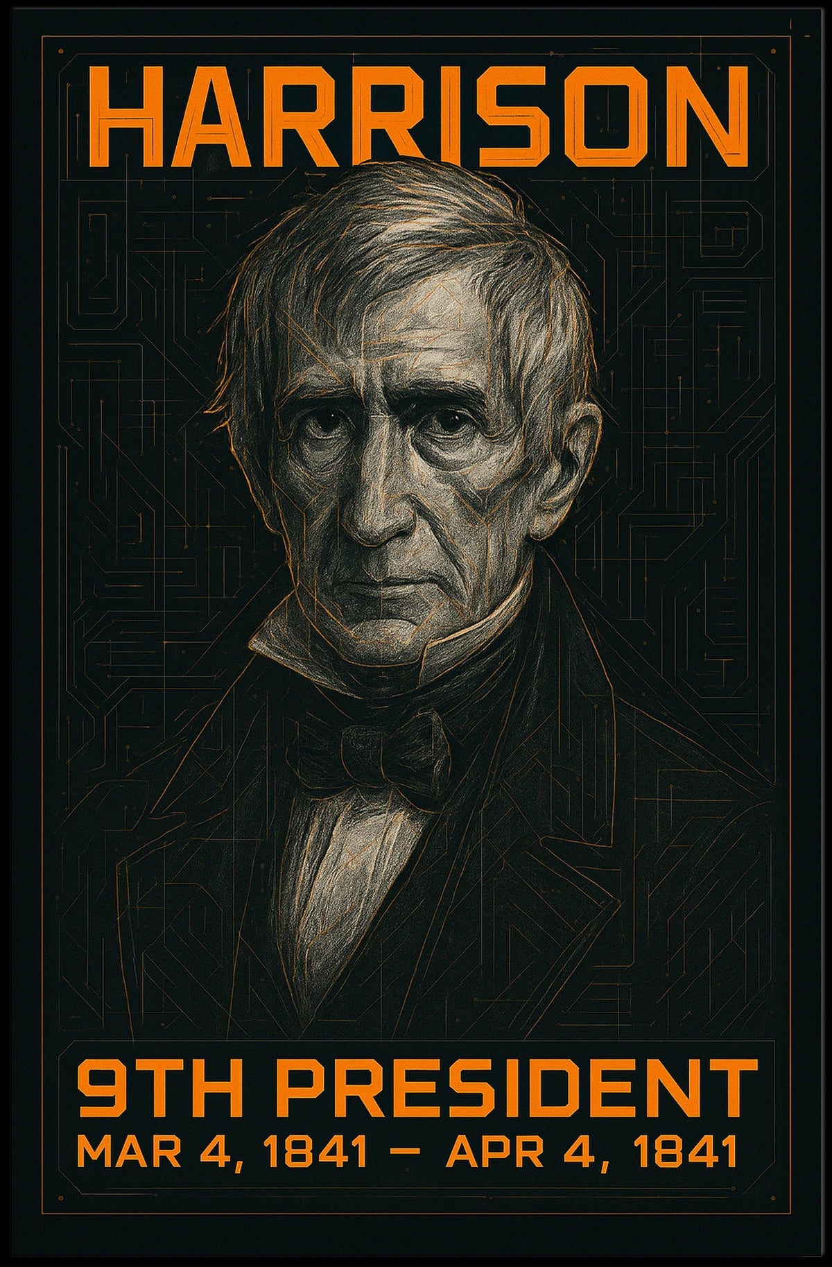 William Henry Harrison 9th President of the United States Techno Schematic Poster