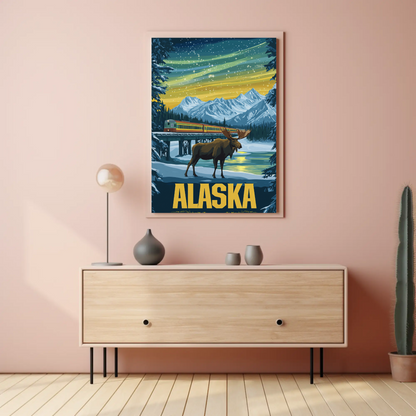 Alaska Vintage Poster - Moose and Northern Lights