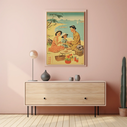 Japanese Family Picnic Seaside Summer Vintage Travel Poster