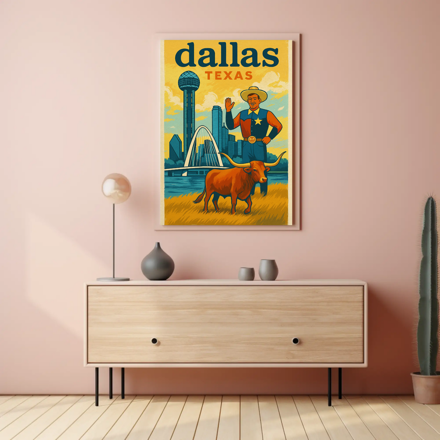 Dallas Cowboy Longhorn Skyline Bridge Sphere Vintage Travel Poster Wall Art