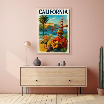 California Surfer Grapes Golden Gate Hollywood Vintage Travel Poster Wall Art