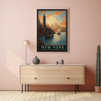 New York Harbor Sunset Vintage Travel Poster