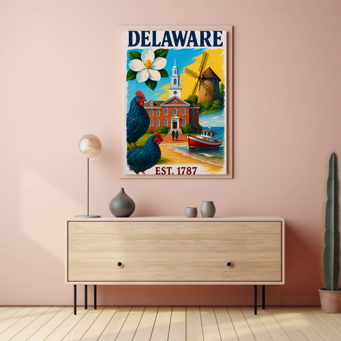 Delaware 1787 Poster With Windmill And Chickens Vintage Travel Poster