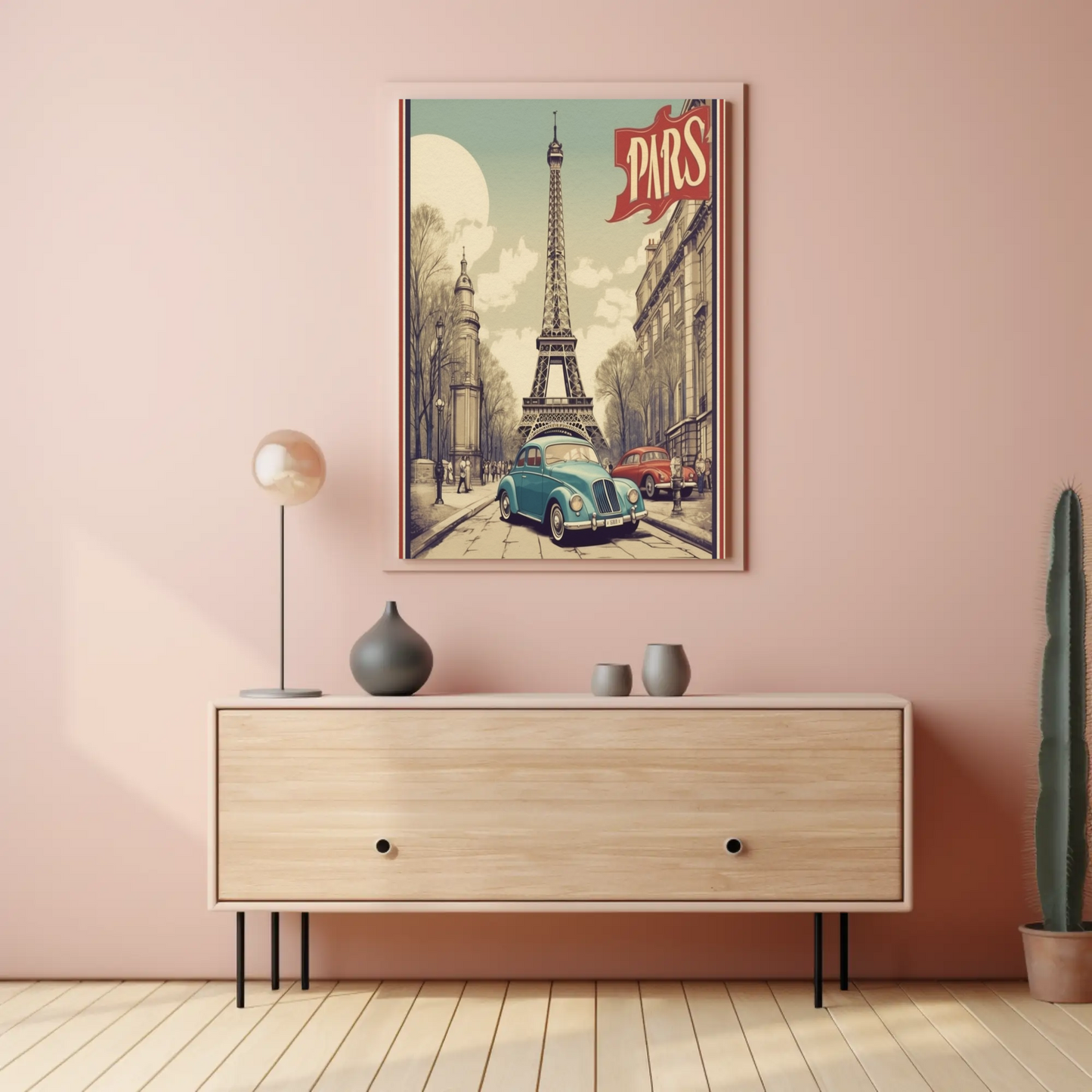 Paris Vintage Poster - Eiffel Tower & Classic Car