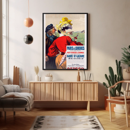 Paris To London Seaside View Couple Vintage Travel Poster