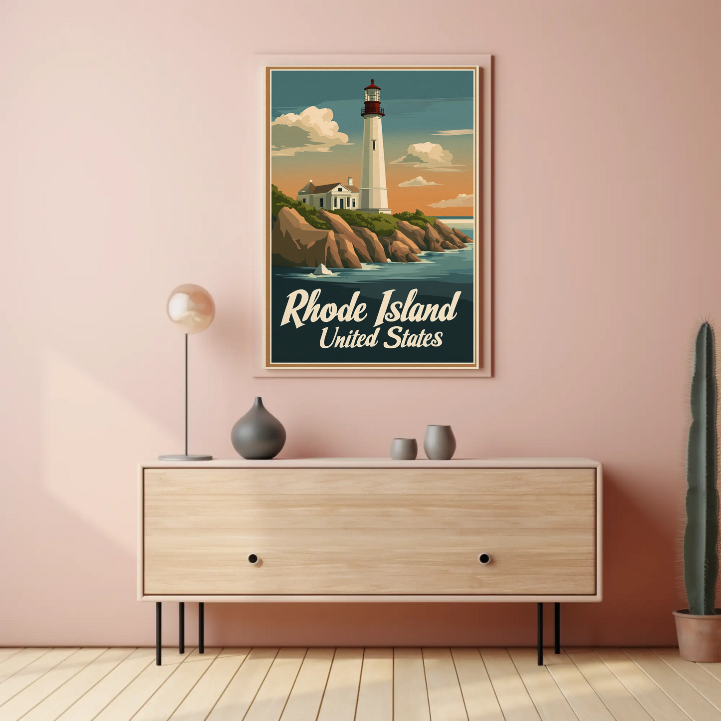 Rhode Island - Coastal Lighthouse Vintage Travel Poster