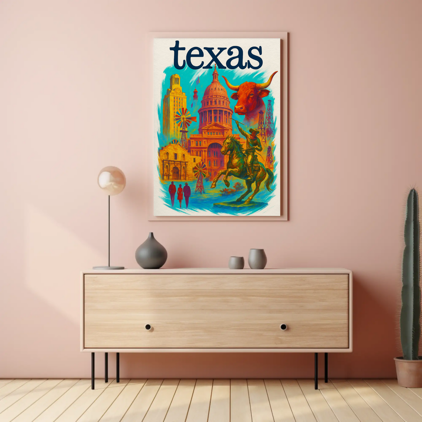Texas Capitol Cowboy Longhorn Windmill History Vintage Travel Poster