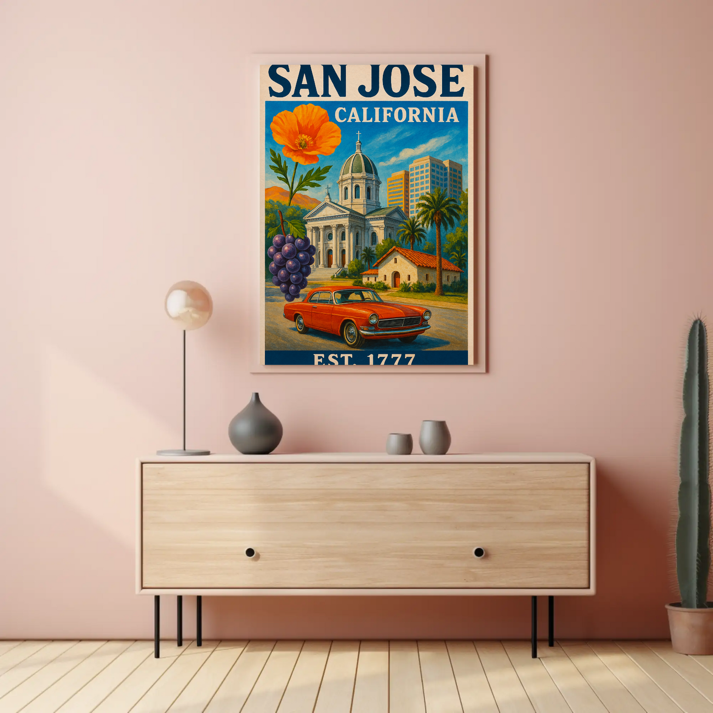 San Jose California Church Grapes Car Vintage Travel Poster