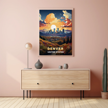 Denver Sunset Skyline Mountains Vintage Travel Poster
