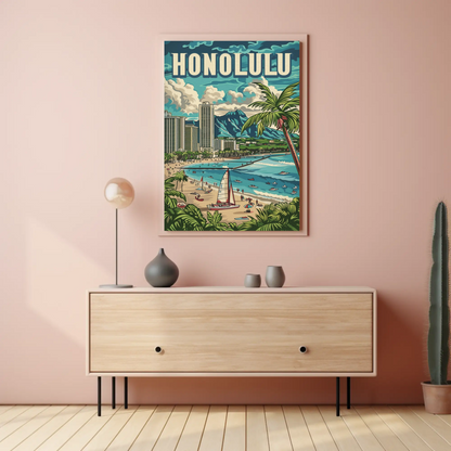 Honolulu Vintage Poster Sailing and Skyscrapers