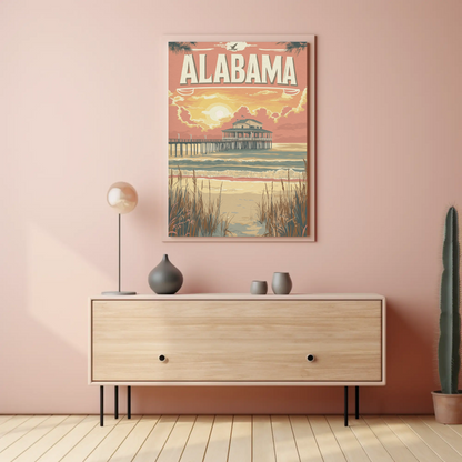 Alabama Pier at Sunset Vintage Travel Poster