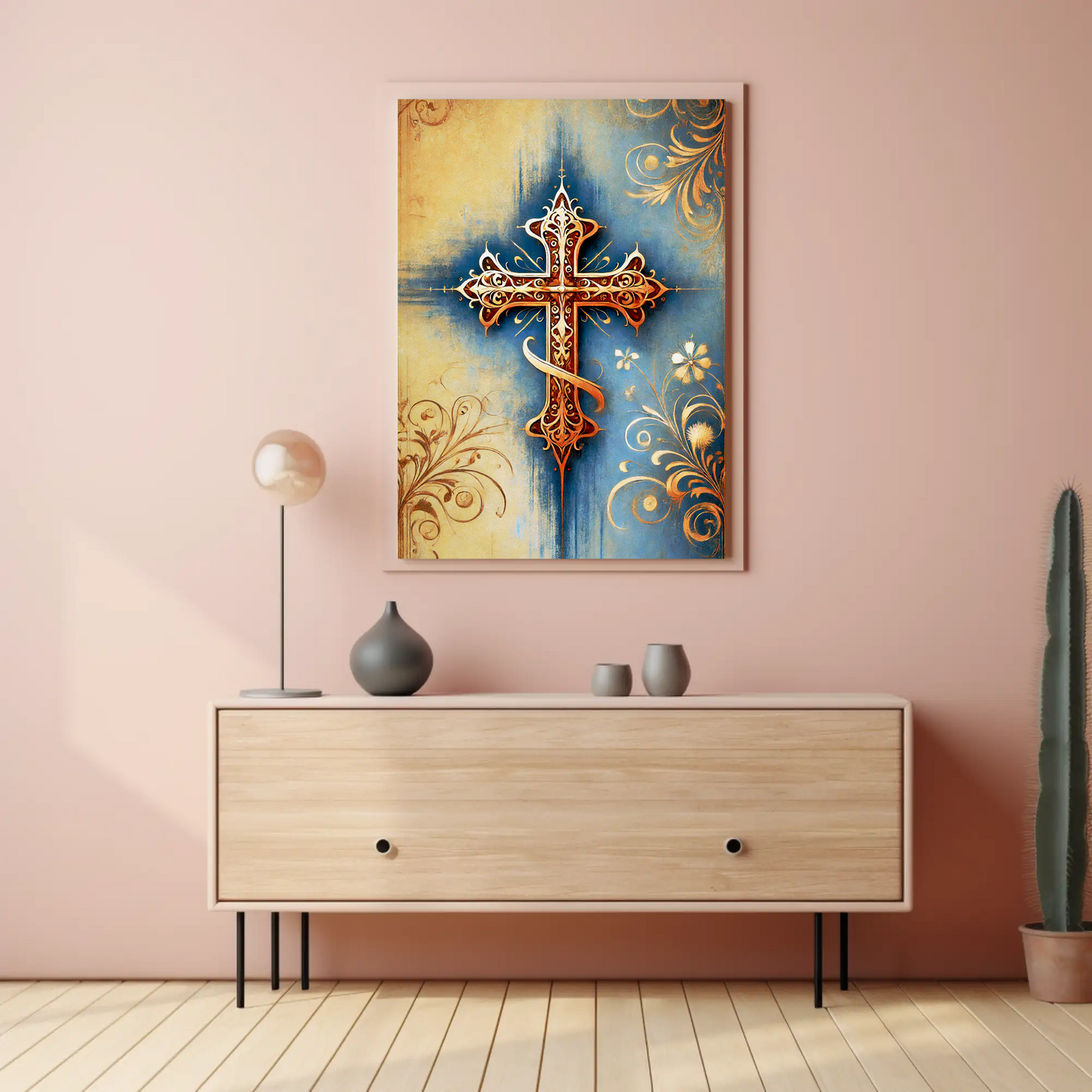 Gothic Blue Gold Cross Ornament Vintage Travel Poster