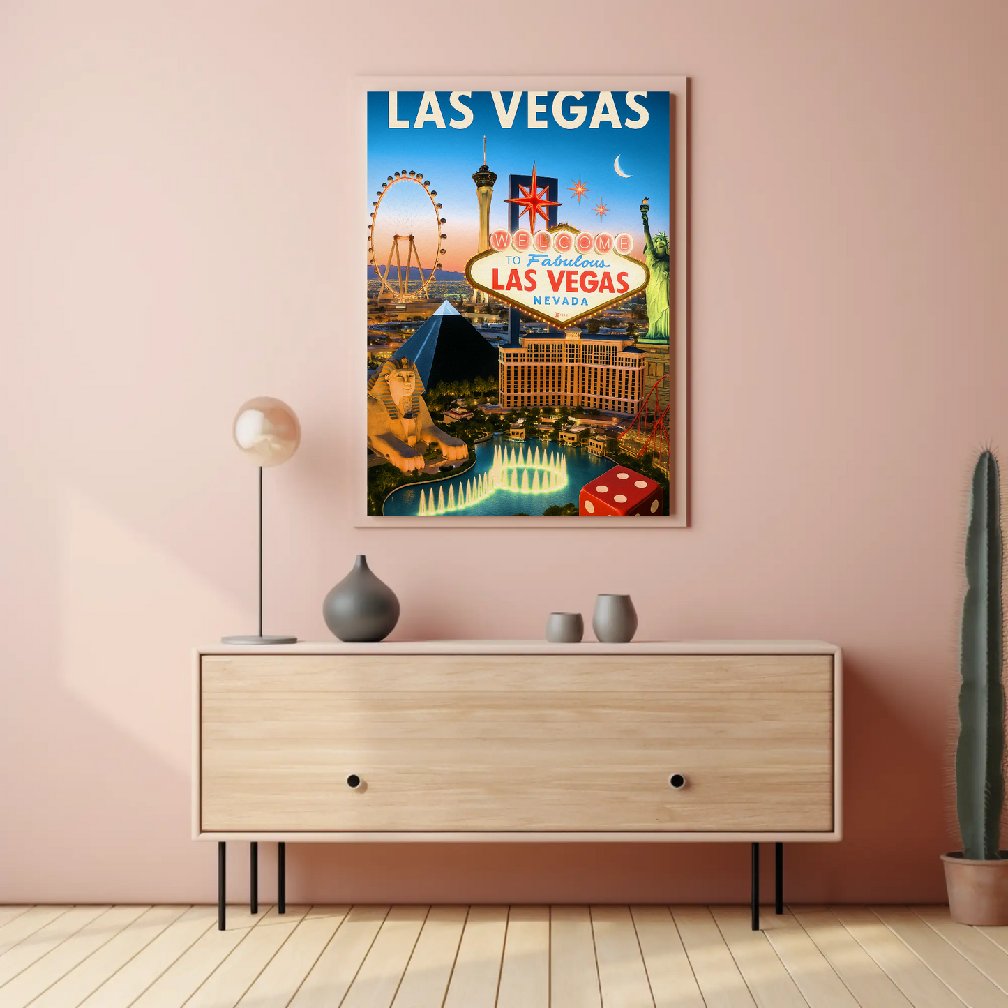 Las Vegas Iconic Landmarks Night Lights Vintage Travel Poster