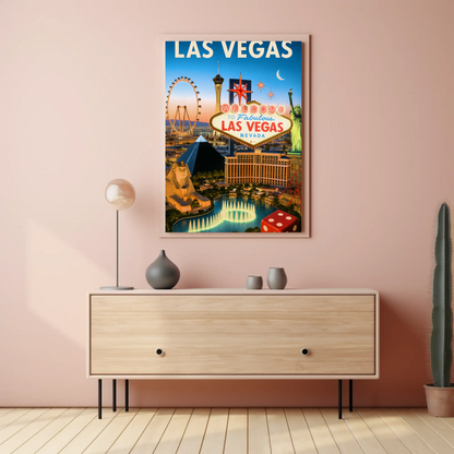 Las Vegas Iconic Landmarks Night Lights Vintage Travel Poster