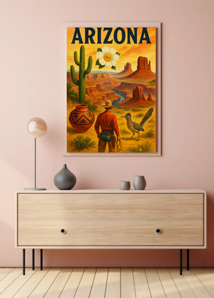 Arizona Desert Cowboy Saguaro Sunset Vintage Travel Poster