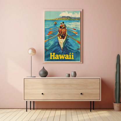 Vintage Travel Poster - Hawaii Rowing Canoe